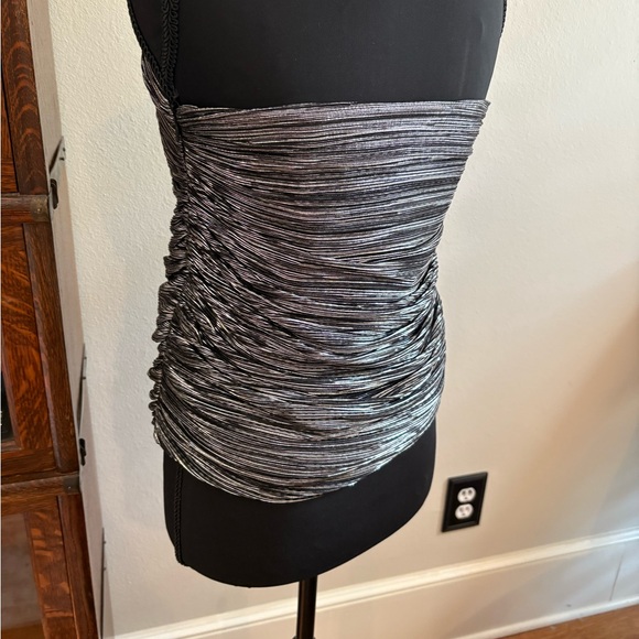 NWT BCBGMaxAzria Black and Silver Ruched Blouse - Picture 3 of 5